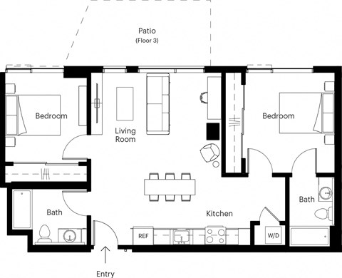 Floor plan for 2 beds, 2 baths, 838 sqft